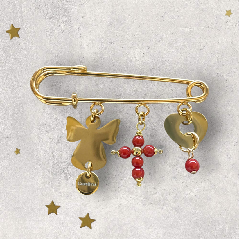 Bijou : Broche de naissance Croix Corail – Porte-bonheur en Corail rouge