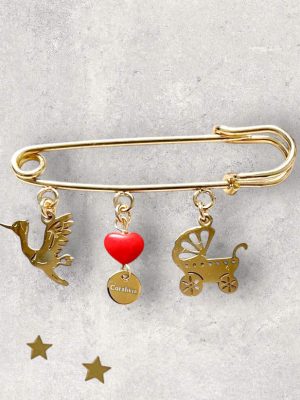 Bijou : Broche de naissance Cigogne – Porte-bonheur en Corail rouge