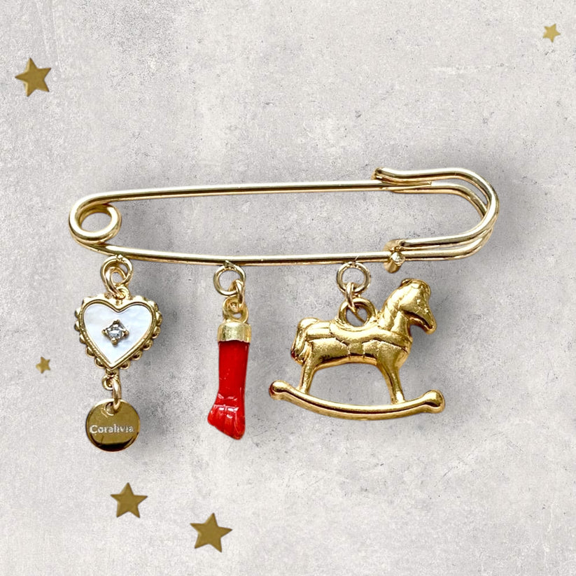 Bijou : Broche de naissance Petit Cheval – Porte-bonheur en Corail rouge