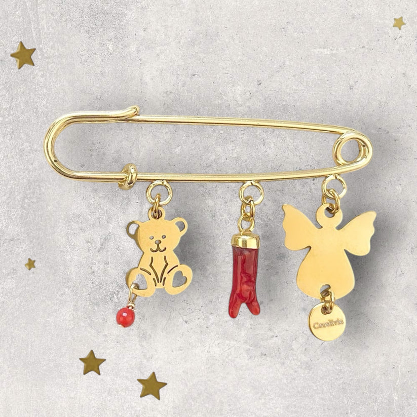 Bijou : Broche de naissance Teddy Angel – Porte-bonheur en Corail rouge