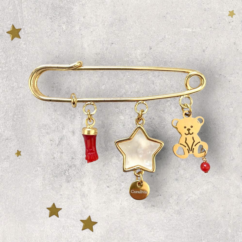 Bijou : Broche de naissance Teddy Étoile – Porte-bonheur en Corail rouge