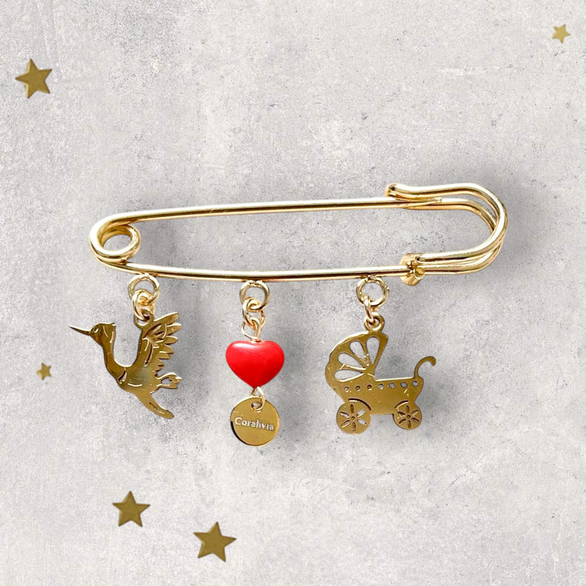 Bijou : Broche de naissance Cigogne – Porte-bonheur en Corail rouge
