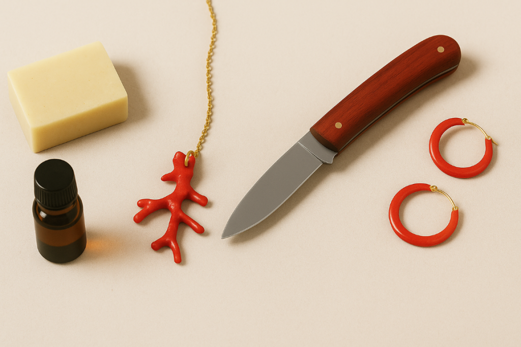 bijoux corail, couteau, huile essentielle, savon