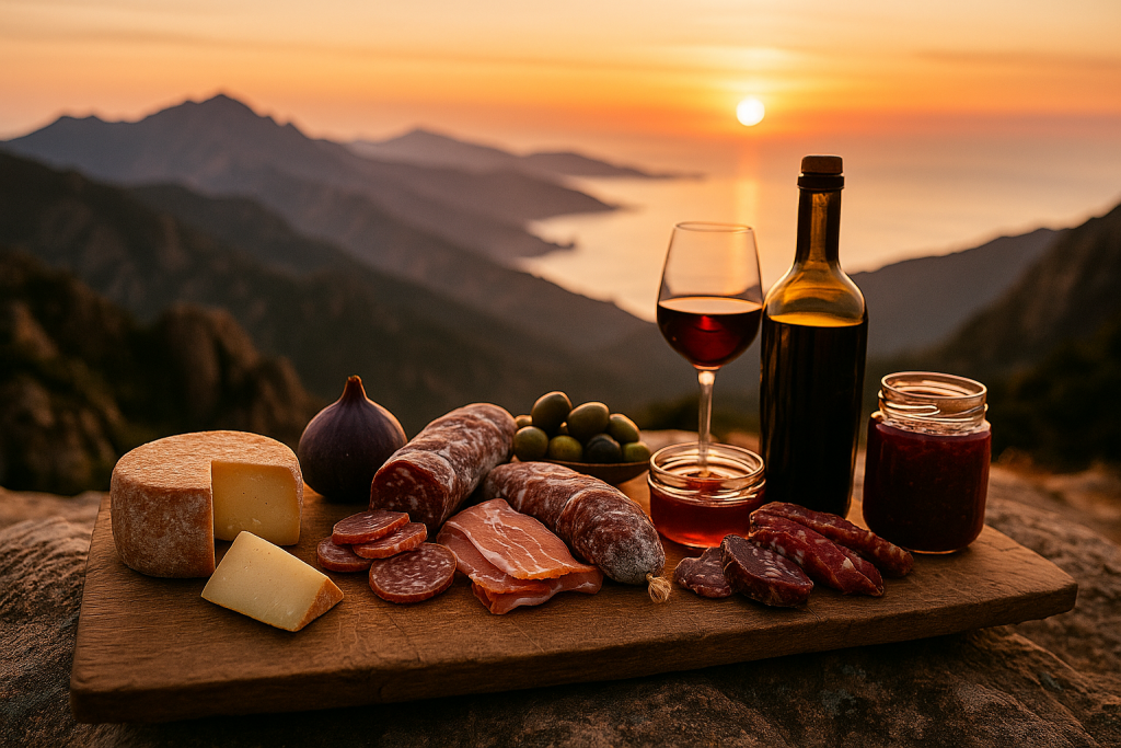 produits-artisanaux-terroir-corse-planche-charcuterie-fromage-miel-huile-olive-confiture-vin