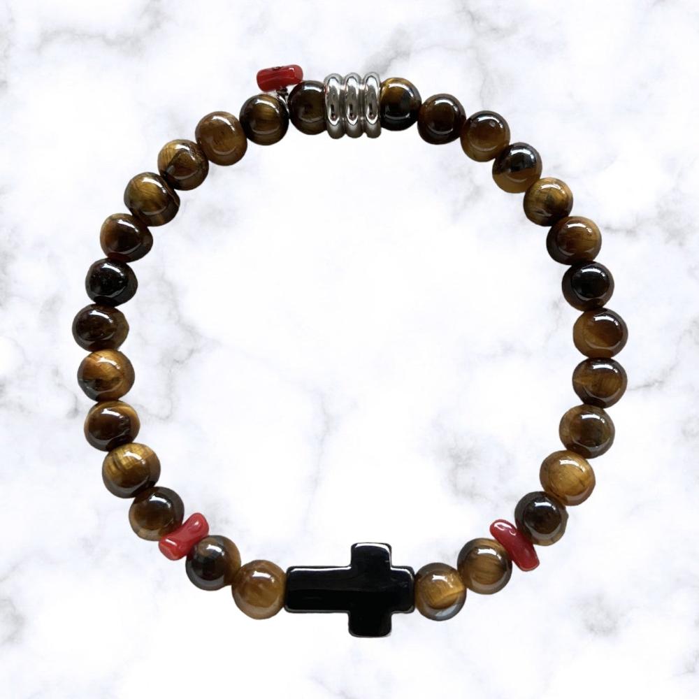 Bracelet en perles oeil de tigres et sa croix noir Fedi